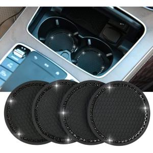 imageValleycomfy 4PCS Bling Car Coasters Universal Vehicle Car Accessories 275 inch Silicone Anti Slip Crystal Rhinestone Cup Holder Black