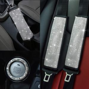imageValleycomfy Leather Seat Belt Shoulder Pads with Rhinestones Car Seat Belt Covers for Women Crystal Handbrake Cover Ring Set Bling Car Accessories 4 Pack Set Universal