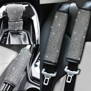 imageValleycomfy Soft Velvet Seat Belt Shoulder Pads with Bling Rhinestones Car Bling Seat Belt Covers for Women Crystal Handbrake Cover Bling Ring Set 4 Pack Set Universal