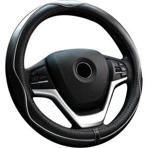 imageValleycomfy Steering Wheel Covers Universal 15 inch  Genuine Leather Breathable Anti Slip ampamp Odor Free Black with Black Lines M14quot 1215quot 14White Line