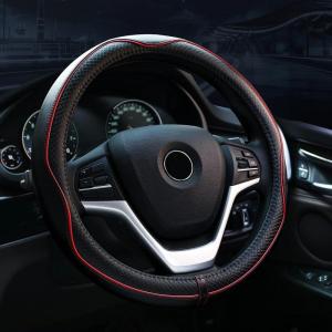 imageValleycomfy Steering Wheel Covers Universal 15 inch  Genuine Leather Breathable Anti Slip ampamp Odor Free Black with Red Lines M14quot 1215quot 14Black with Red Lines