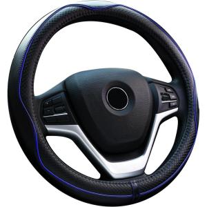 imageValleycomfy Steering Wheel Covers Universal 15 inch  Genuine Leather Breathable Anti Slip ampamp Odor Free Black with Red Lines M14quot 1215quot 14Black with Blue Lines