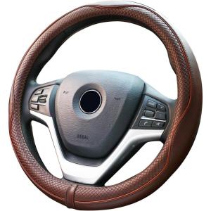 imageValleycomfy Steering Wheel Covers Universal 15 inch  Genuine Leather Breathable Anti Slip ampamp Odor Free Black with Red Lines M14quot 1215quot 14Coffee
