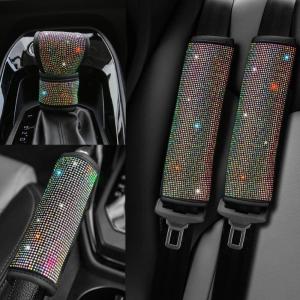 imageValleycomfy Universal Velvet Seat Belt Shoulder Pads with Bling Rhinestones Car Seat Belt CoverCrystal Handbrake Cover Bling Ring Set 4 Pack Set
